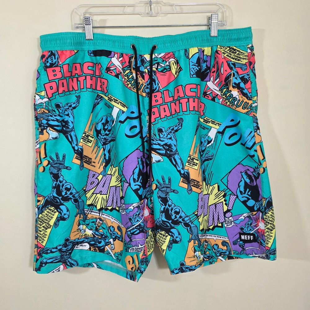 Neff Mens Shorts Black Panther Comic Print Board Shorts Swim Trunks Teal Sz XXL
